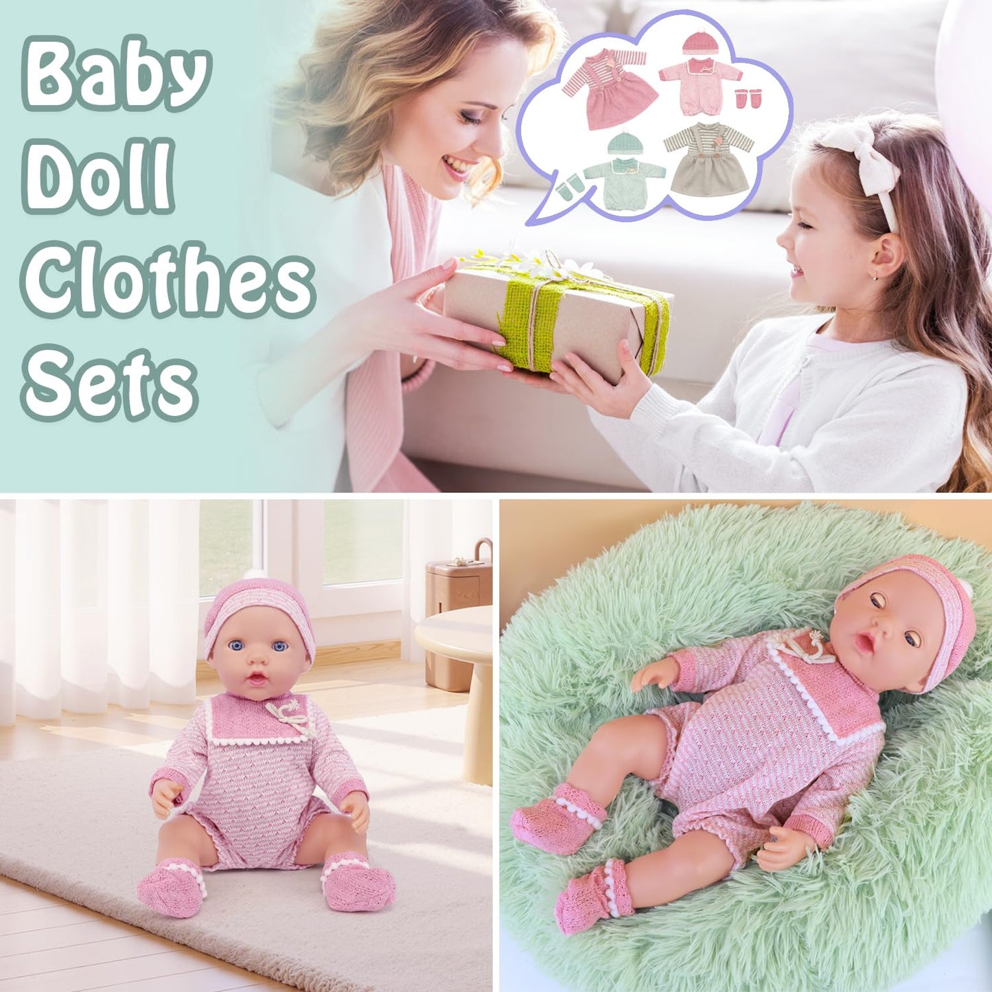 AK KYC 4 Sets Baby Doll Clothes for 14-18 Inch Dolls – 8pc Outfit Set (Jumpsuits, Dresses, Hats, Socks)