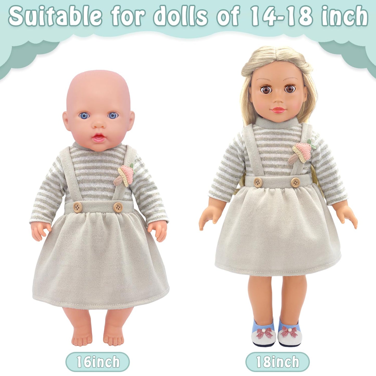 AK KYC 4 Sets Baby Doll Clothes for 14-18 Inch Dolls – 8pc Outfit Set (Jumpsuits, Dresses, Hats, Socks)