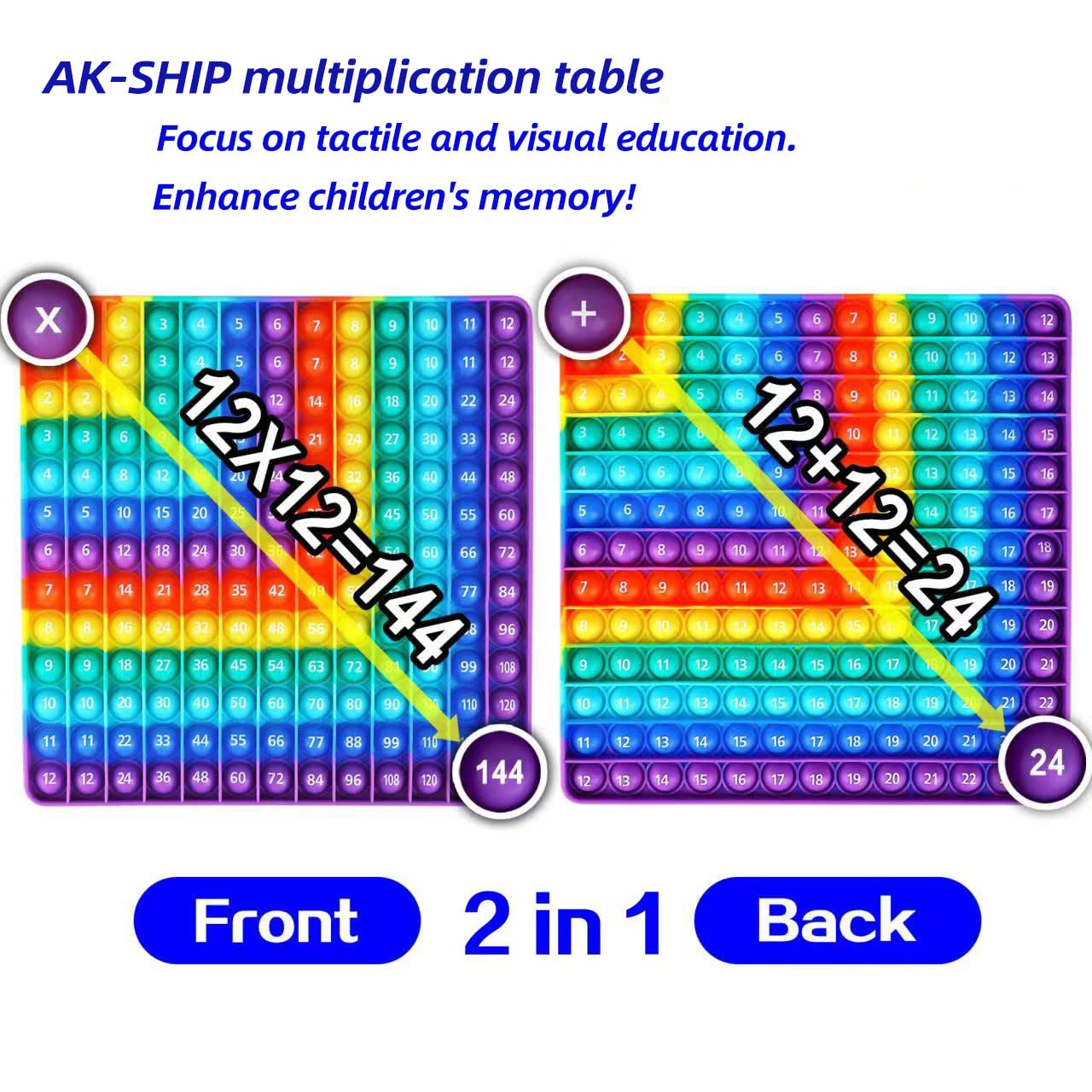 AK-SHIP 2-in-1 12x12 Multiplication & Addition Learning Table | Rainbow Dimple Fidget Toy