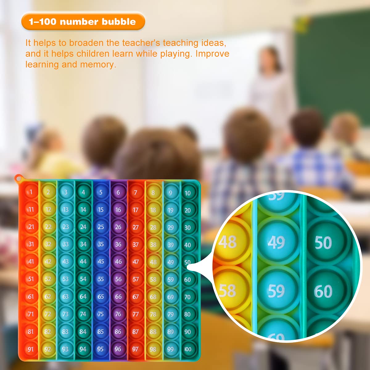 AK-SHIP 7.8in Big Size P00p Bubble Pop – Rainbow Square Fidget Toy with 100 Bubbles for Math Manipulatives