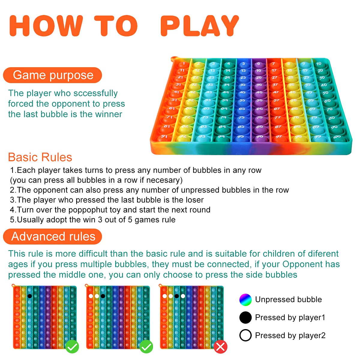 AK-SHIP 7.8in Big Size P00p Bubble Pop – Rainbow Square Fidget Toy with 100 Bubbles for Math Manipulatives