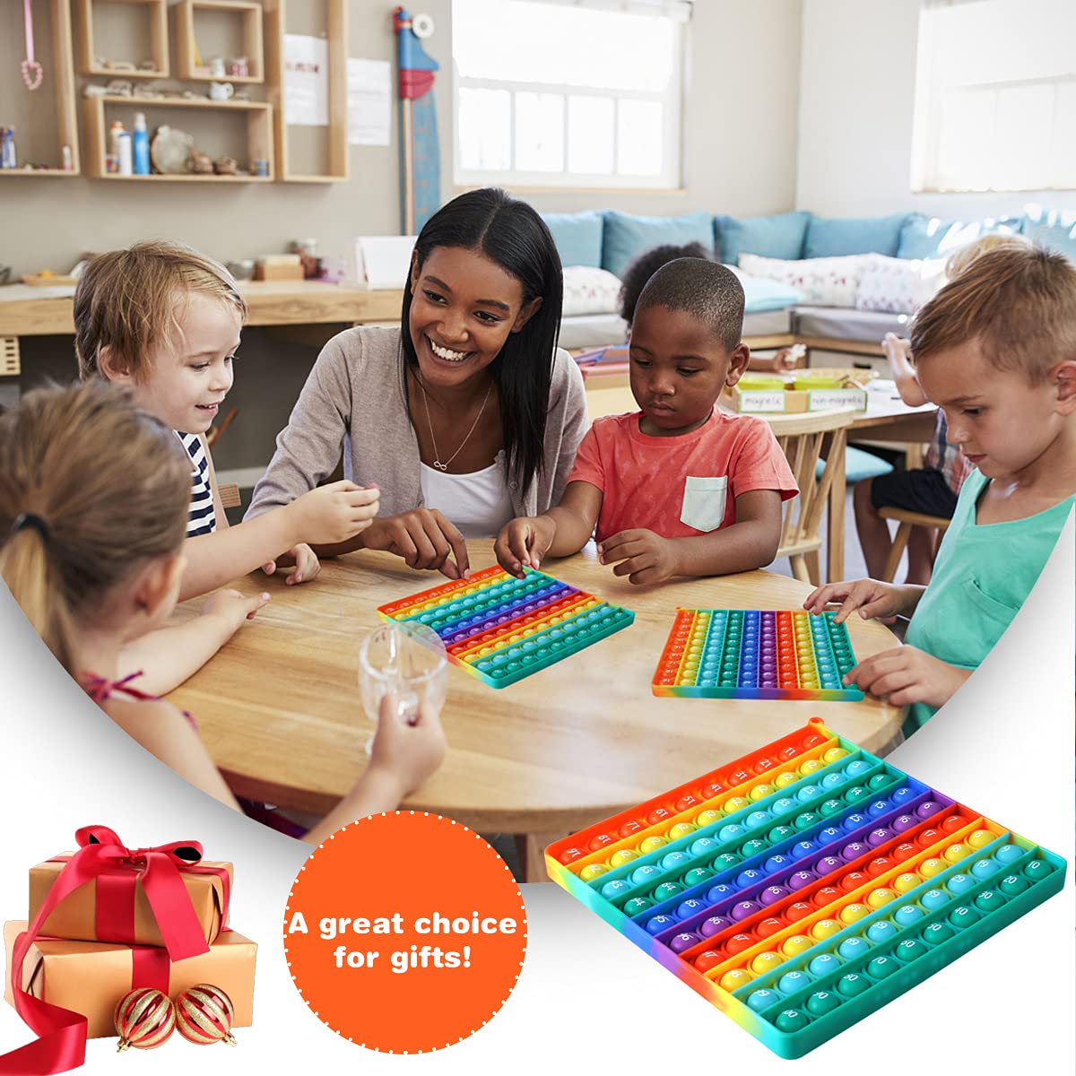 AK-SHIP 7.8in Big Size P00p Bubble Pop – Rainbow Square Fidget Toy with 100 Bubbles for Math Manipulatives