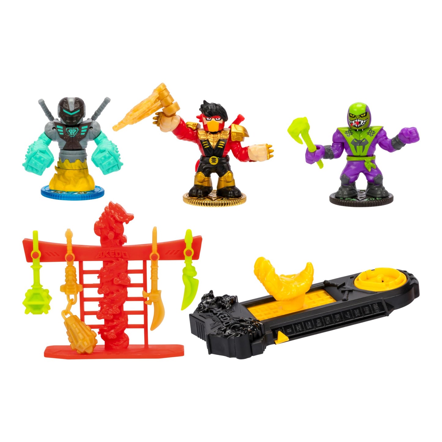 Akedo Legends Ninja Fury Starter Pack – 3 Warriors (Three Strike Chux, Venom Fang Ninja & Psyclone Shutdown) + Weapon Rack