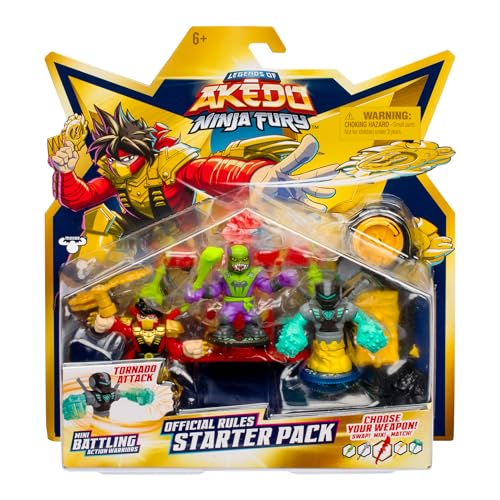 Akedo Legends Ninja Fury Starter Pack – 3 Warriors (Three Strike Chux, Venom Fang Ninja & Psyclone Shutdown) + Weapon Rack