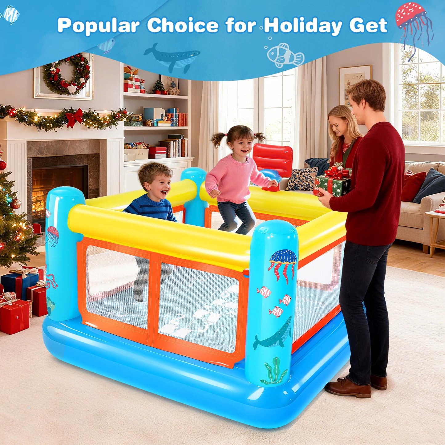 AKEYDIY Inflatable Bounce House for Kids 3-6 | Indoor & Outdoor with Basketball Hoop
