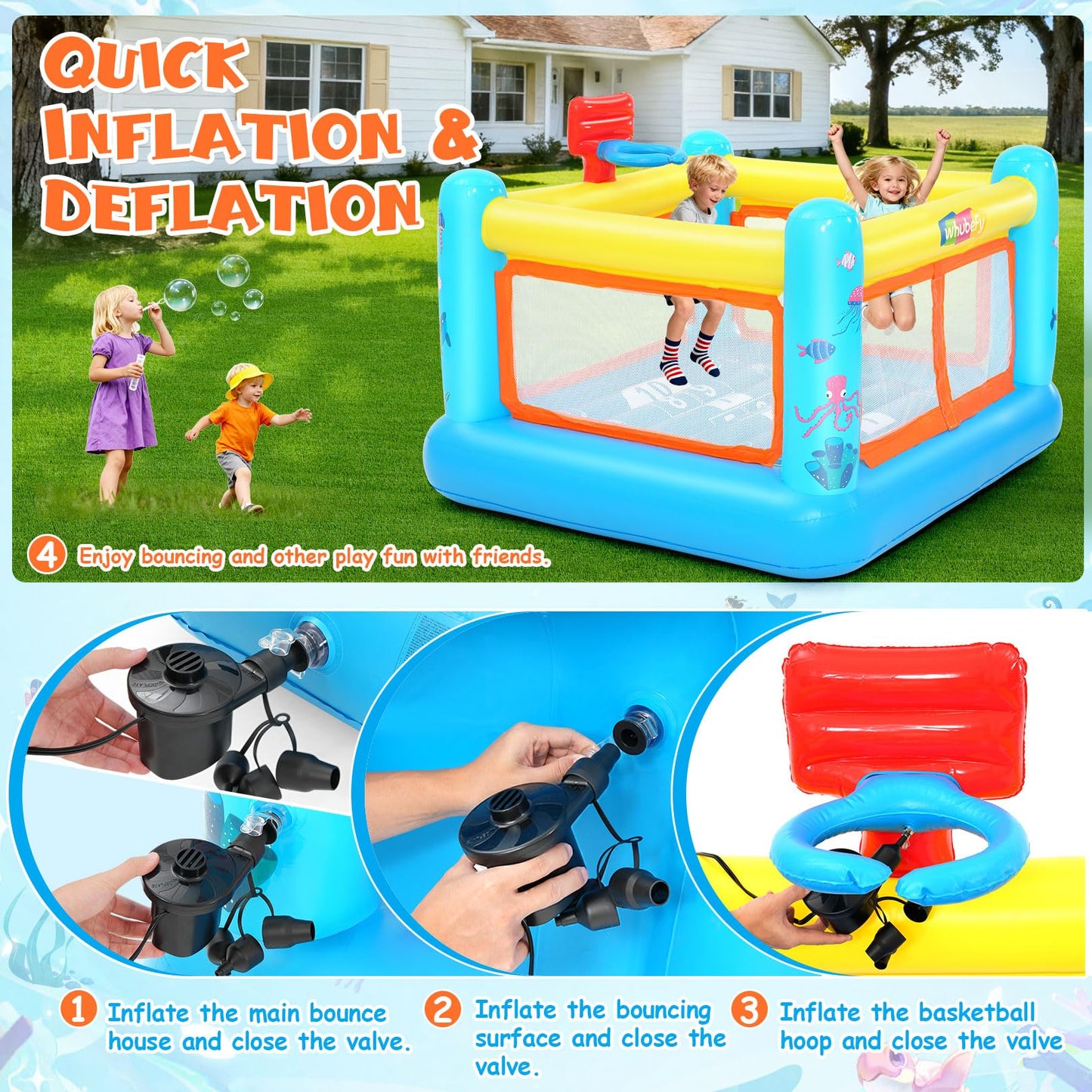 AKEYDIY Bounce House for Kids 3-6 – Indoor/Outdoor PVC Jumping Castle with Basketball Hoop