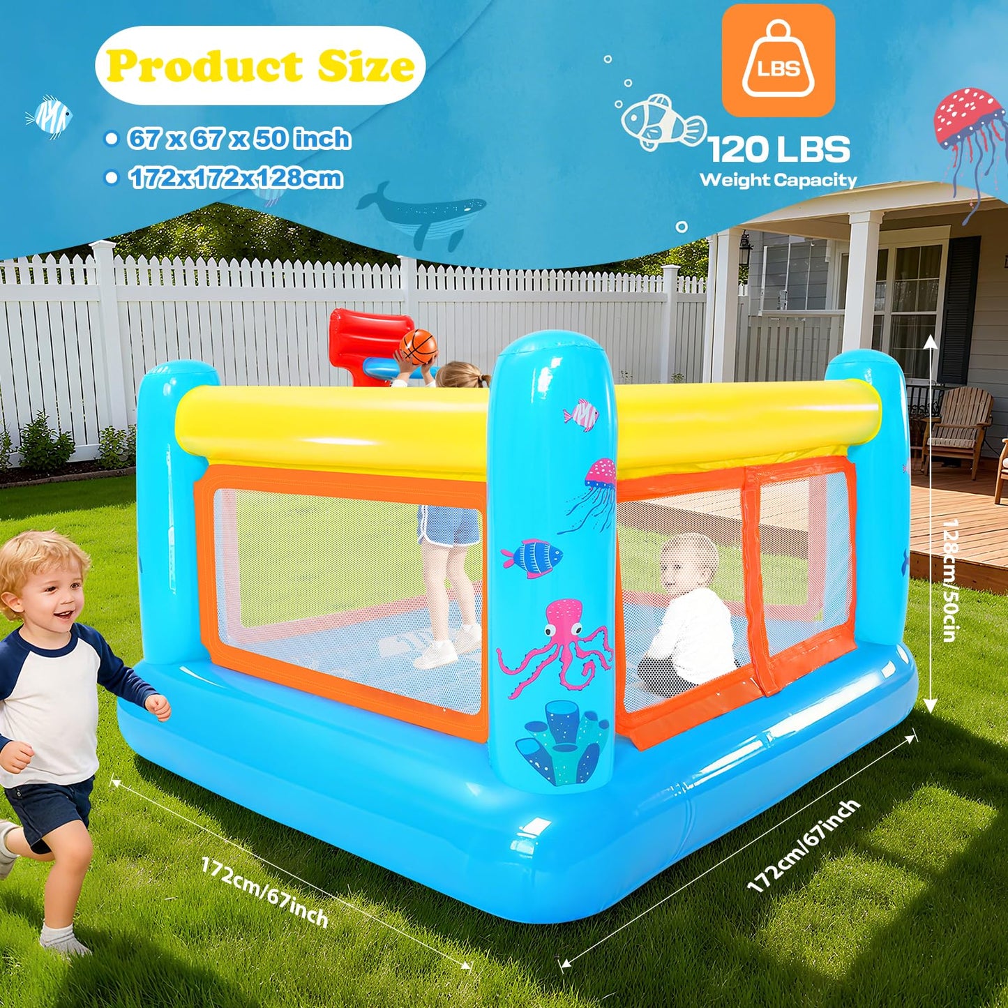 AKEYDIY Inflatable Bounce House for Kids 3-6 | Indoor & Outdoor with Basketball Hoop