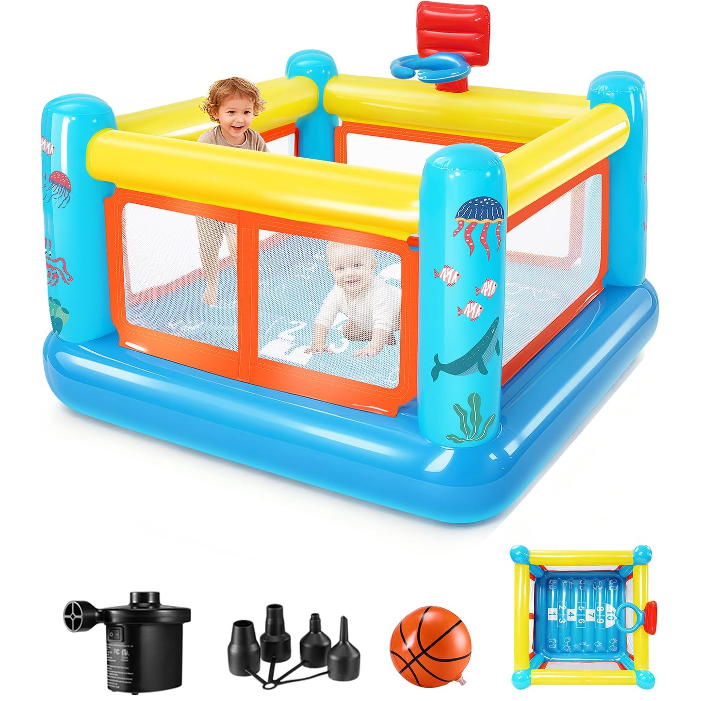 AKEYDIY Inflatable Bounce House for Kids 3-6 | Indoor & Outdoor with Basketball Hoop