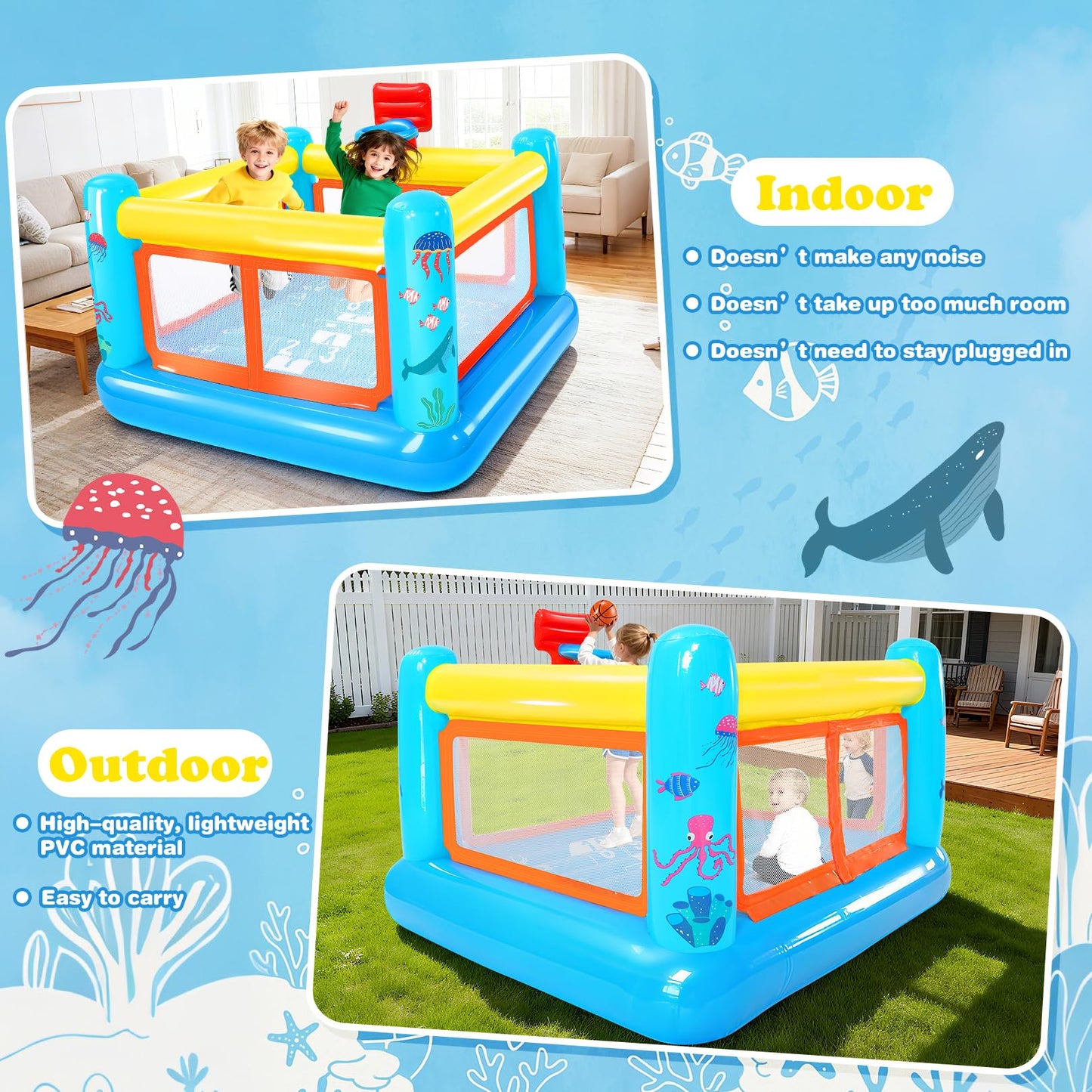 AKEYDIY Inflatable Bounce House for Kids 3-6 | Indoor & Outdoor with Basketball Hoop