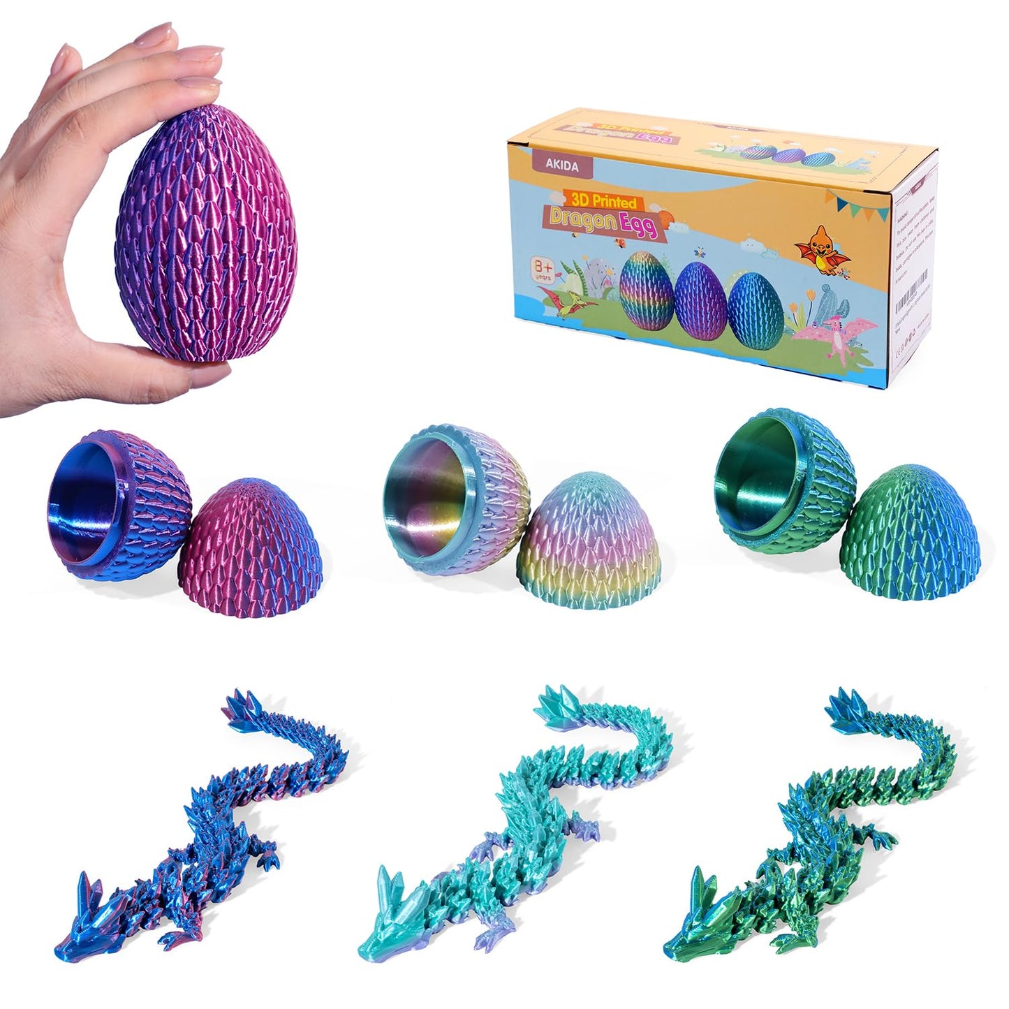 AKIDA 3-Pack Dragon Eggs with Dragon Inside — 3D Printed Dragon Egg Fidget Toys