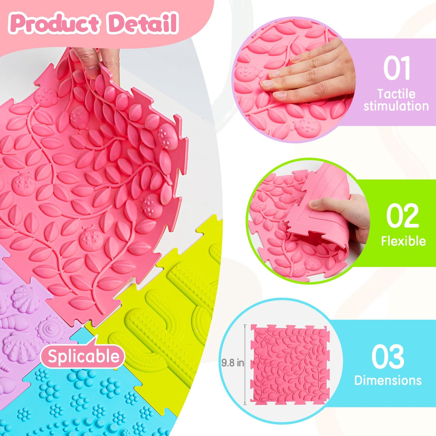 AKIMRABY 8 Pcs Sensory Mats — Silicone Puzzle Floor Tiles for Kids (Durable, Easy to Clean, Autism-Friendly)