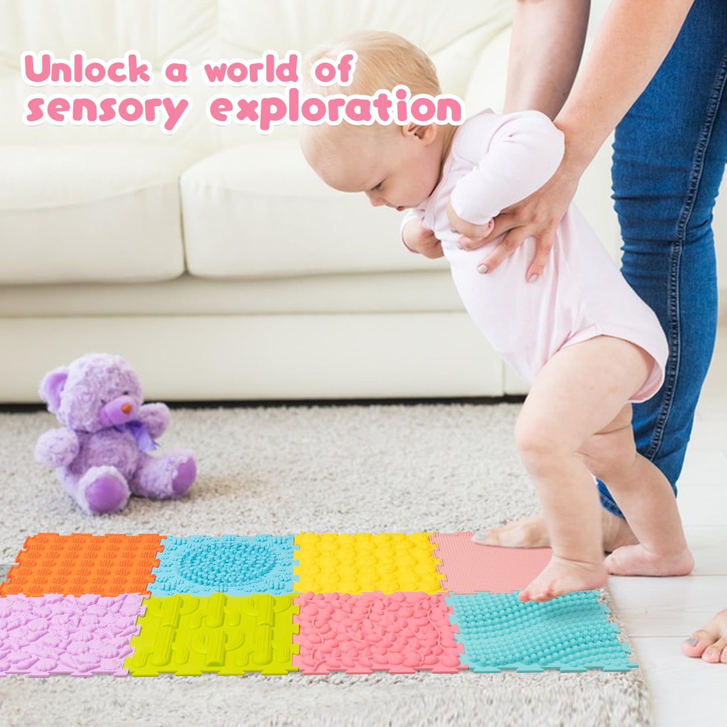 AKIMRABY 8 Pcs Sensory Mats — Silicone Puzzle Floor Tiles for Kids (Durable, Easy to Clean, Autism-Friendly)