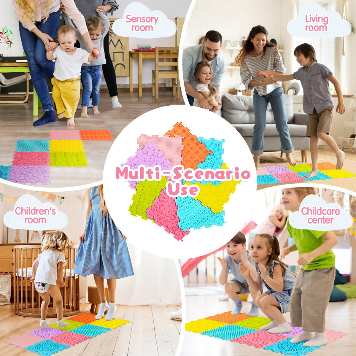 AKIMRABY 8 Pcs Sensory Mats — Silicone Puzzle Floor Tiles for Kids (Durable, Easy to Clean, Autism-Friendly)