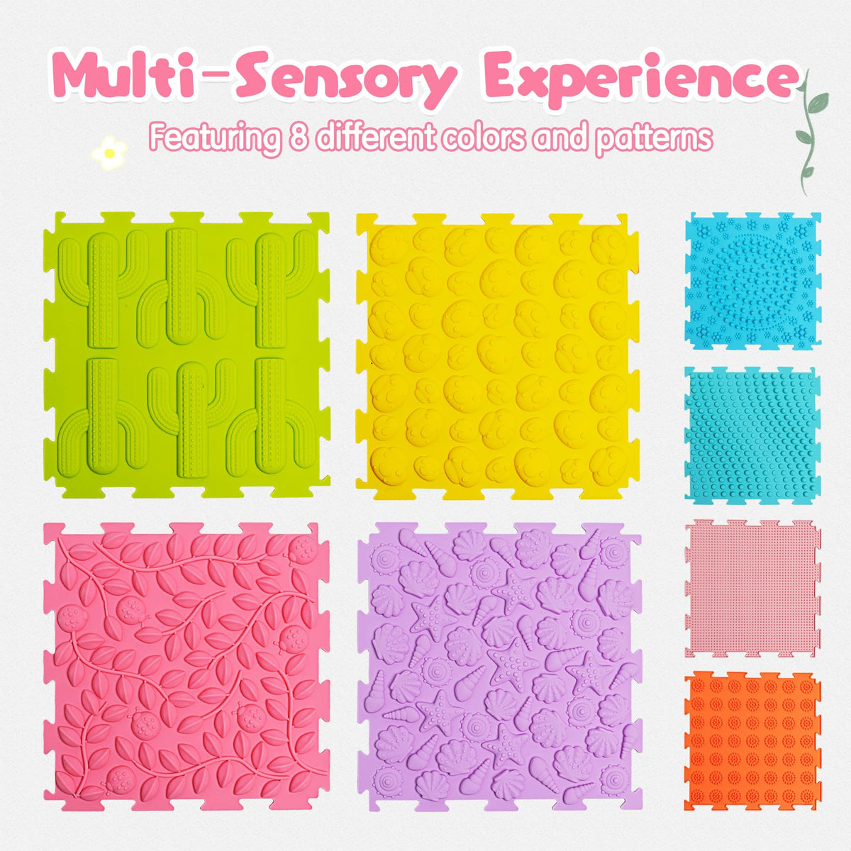 AKIMRABY 8 Pcs Sensory Mats — Silicone Puzzle Floor Tiles for Kids (Durable, Easy to Clean, Autism-Friendly)