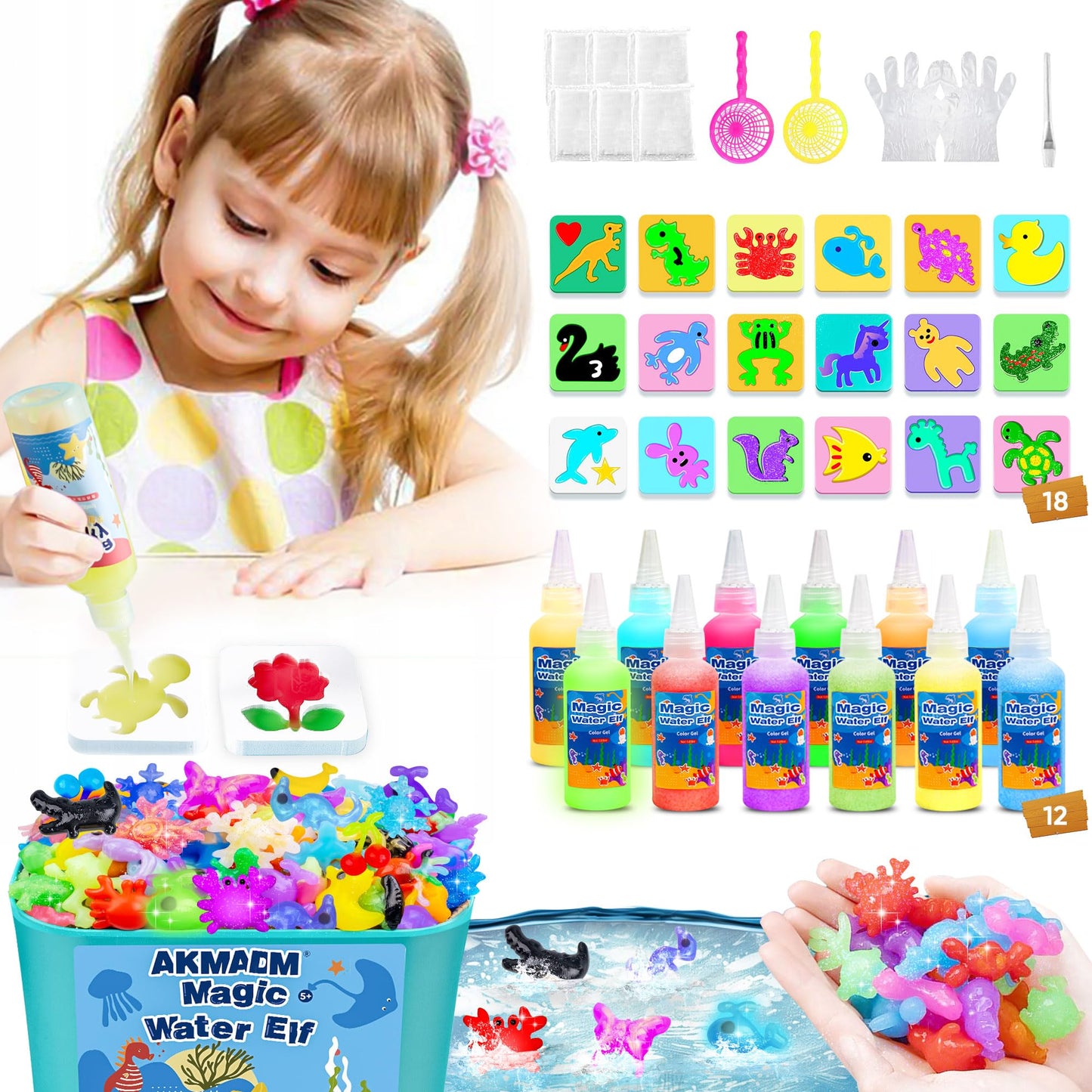 AKMADM Magic Water Elf Toy Kit for Kids – Aqua Gel Kit with 18 Molds & 12 Colors