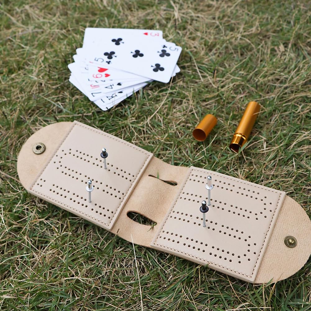 AKV Travel Cribbage Board Set – Portable 2-Track Foldable PU Leather Cribbage Board with 4 Pegs