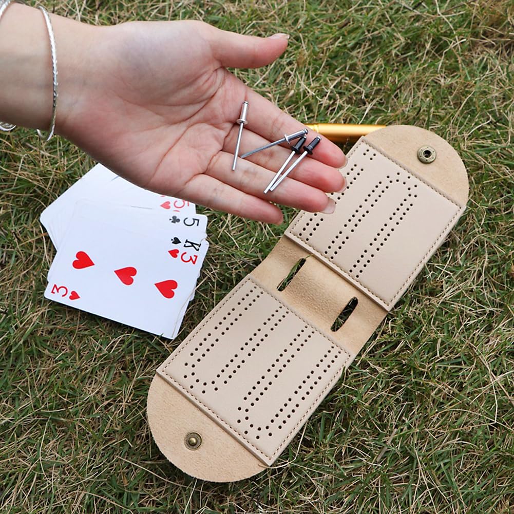 AKV Travel Cribbage Board Set – Portable 2-Track Foldable PU Leather Cribbage Board with 4 Pegs