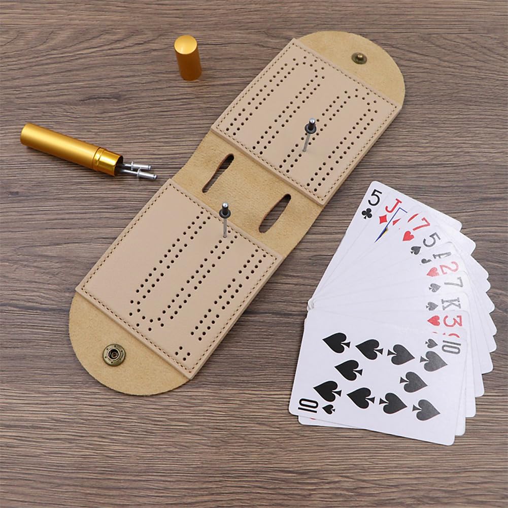 AKV Travel Cribbage Board Set – Portable 2-Track Foldable PU Leather Cribbage Board with 4 Pegs