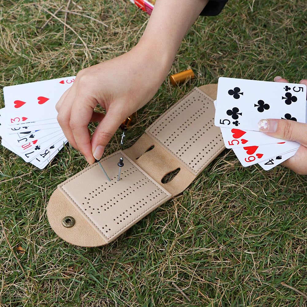AKV Travel Cribbage Board Set – Portable 2-Track Foldable PU Leather Cribbage Board with 4 Pegs