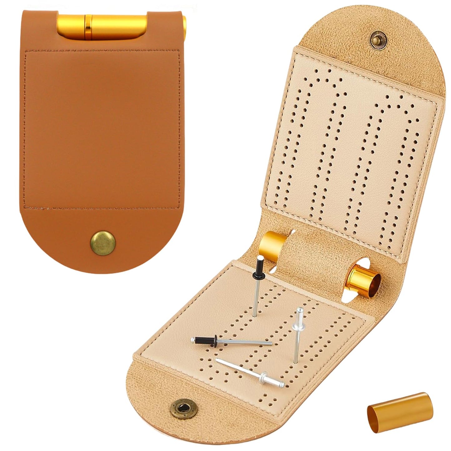 AKV Travel Cribbage Board Set – Portable 2-Track Foldable PU Leather Cribbage Board with 4 Pegs