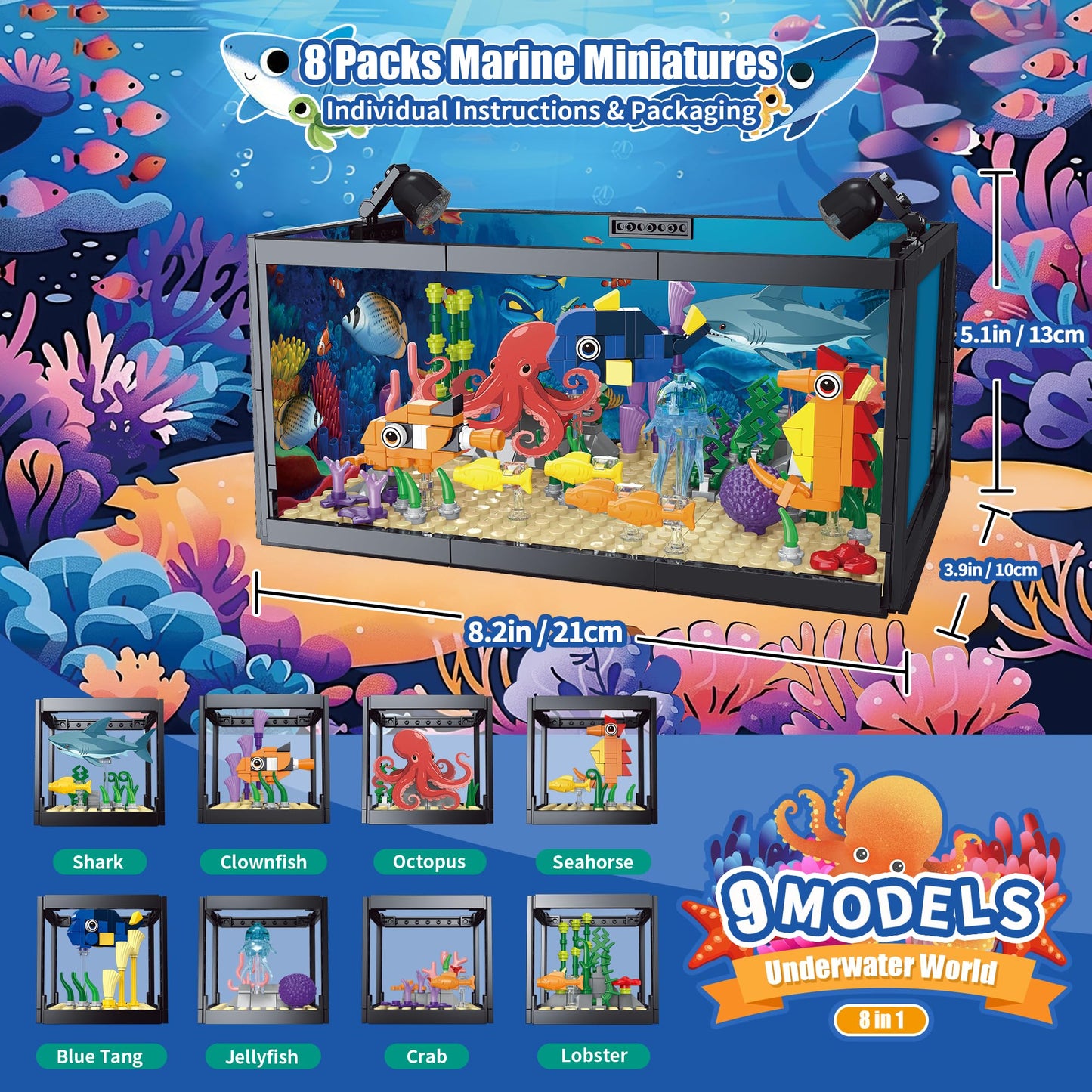 AKWME 8 in 1 Fish Tank Building Sets with LED Light – 9 Marine Models
