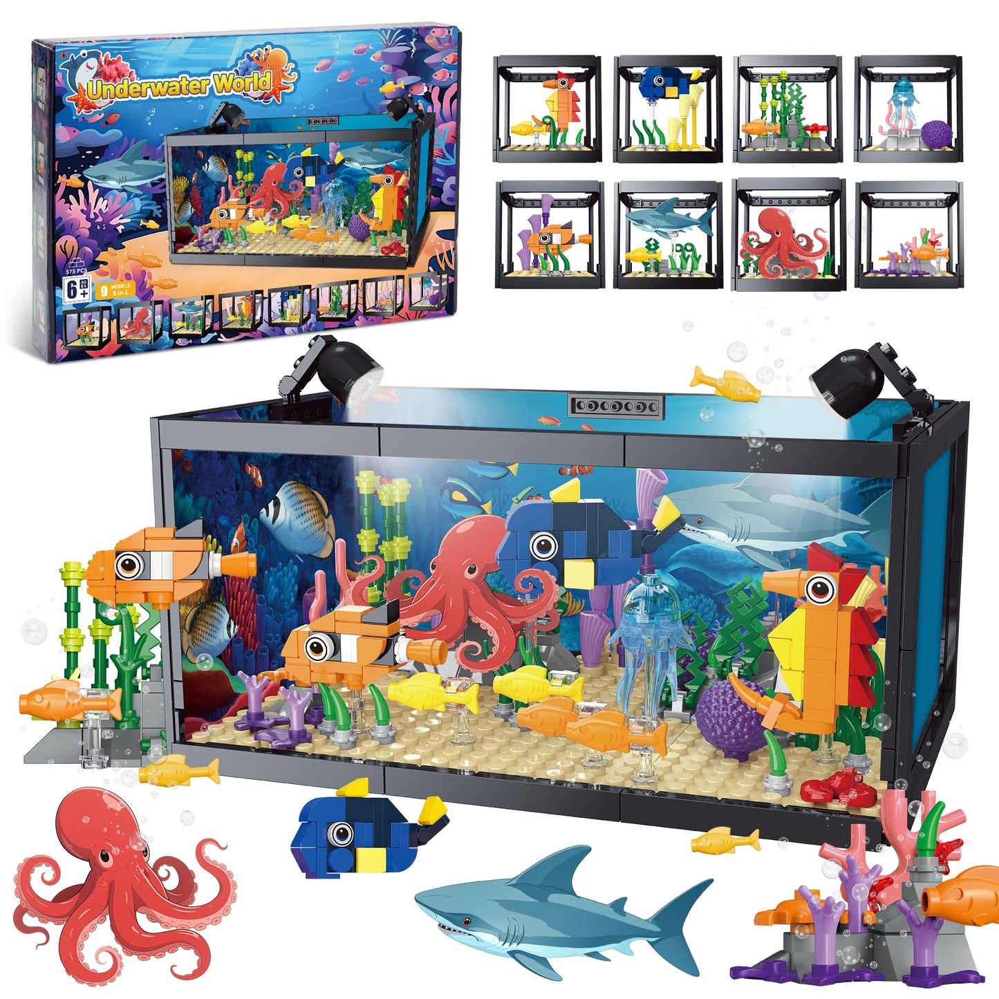 AKWME 8 in 1 Fish Tank Building Sets with LED Light – 9 Marine Models