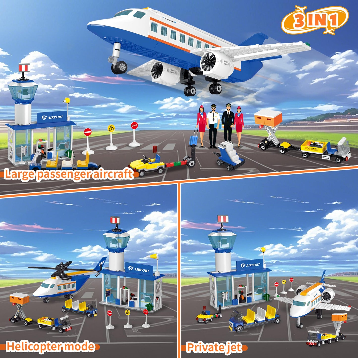 AKWME City Airplane 3-in-1 Building Set with LED Lights | Airport Terminal & Accessories