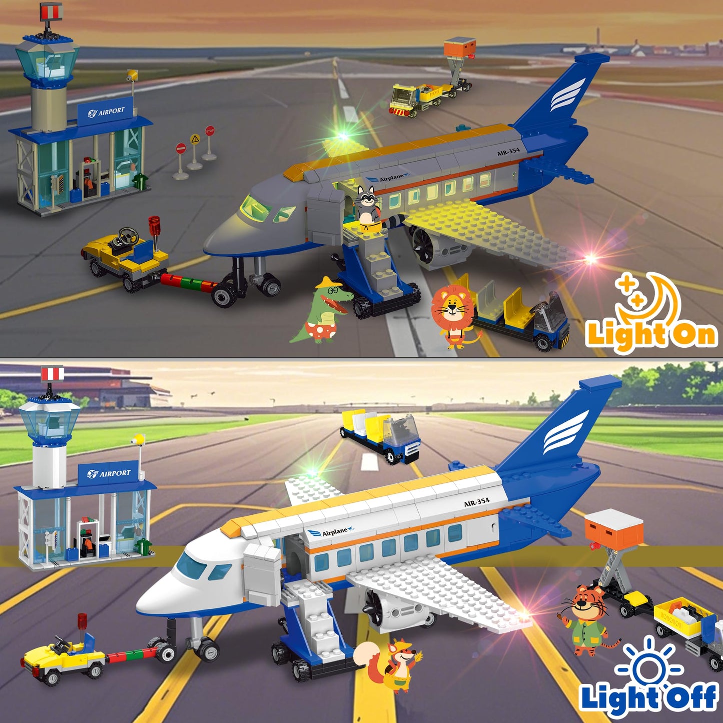 AKWME City Airplane 3-in-1 Building Set with LED Lights | Airport Terminal & Accessories