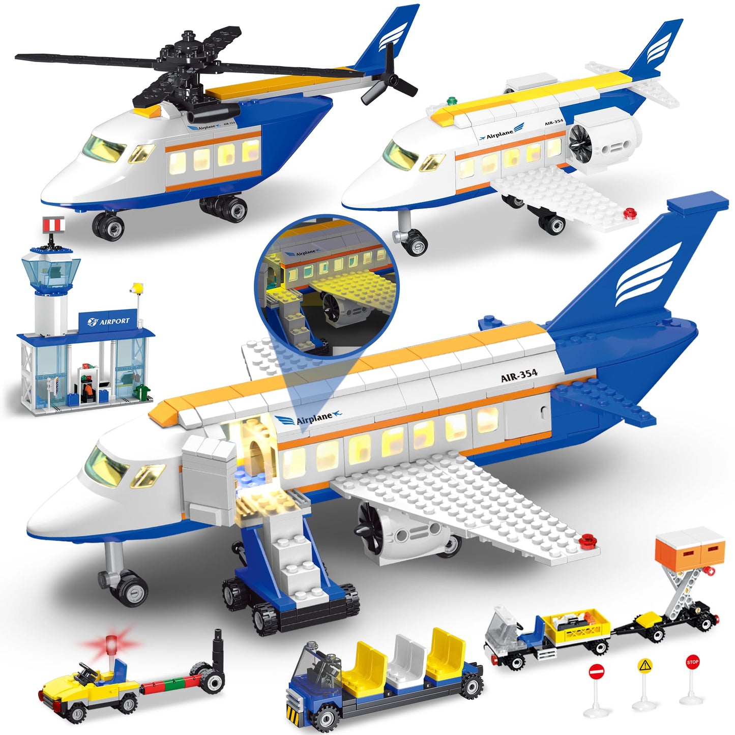 AKWME City Airplane 3-in-1 Building Set with LED Lights | Airport Terminal & Accessories