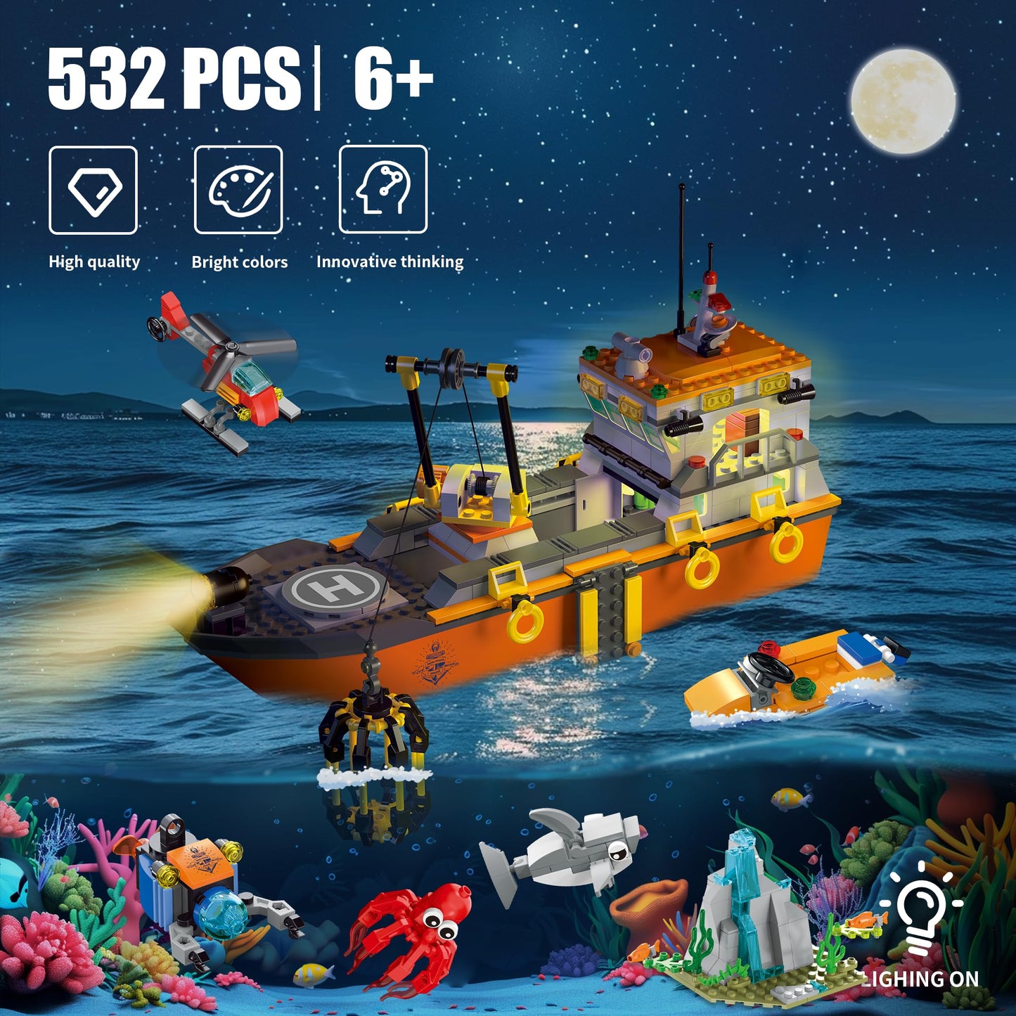 AKWME City Ocean Explorer Ship Building Set — LED Lights, Helicopter, Submarine & Shark Cage
