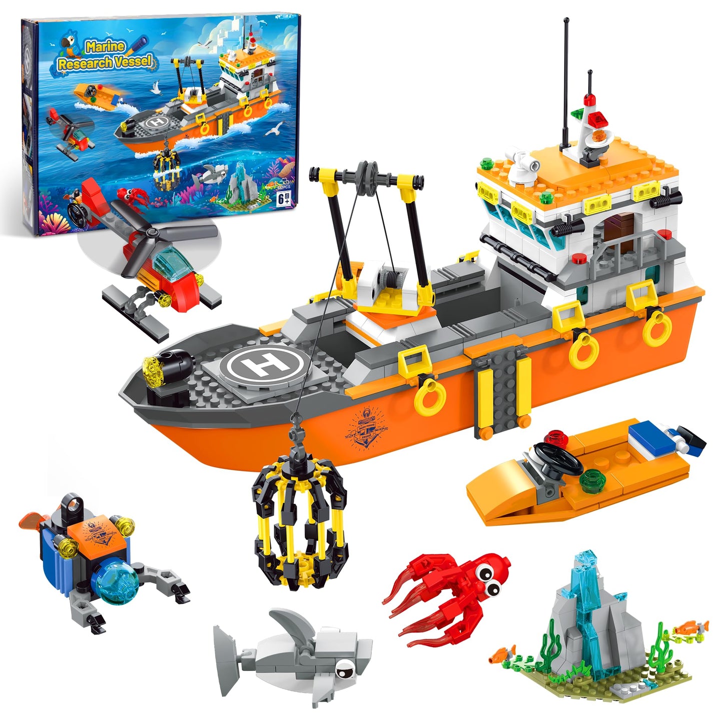 AKWME City Ocean Explorer Ship Building Set — LED Lights, Helicopter, Submarine & Shark Cage