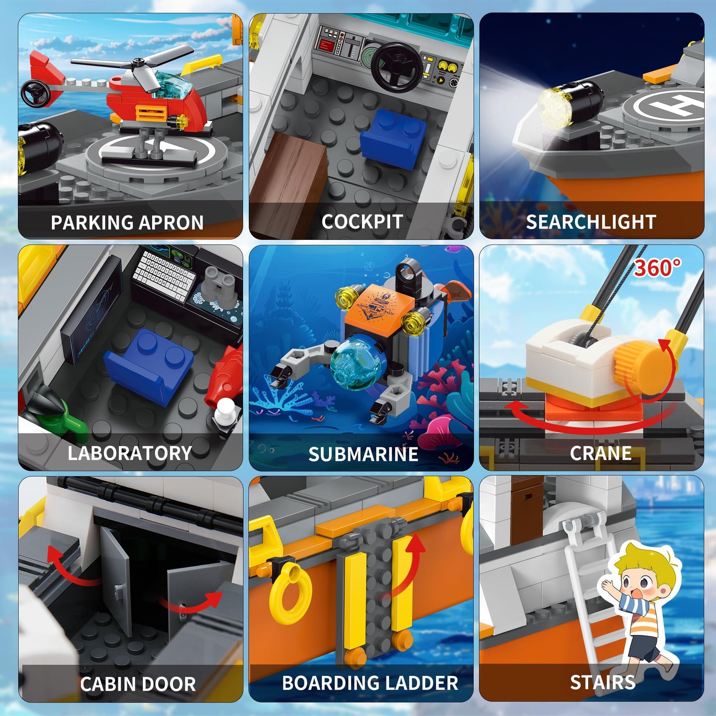 AKWME City Ocean Explorer Ship Building Set — LED Lights, Helicopter, Submarine & Shark Cage
