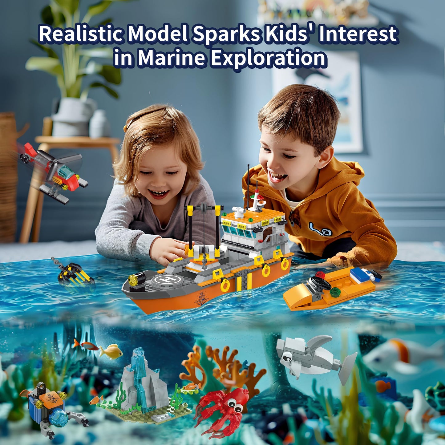 AKWME City Ocean Explorer Ship Building Set — LED Lights, Helicopter, Submarine & Shark Cage