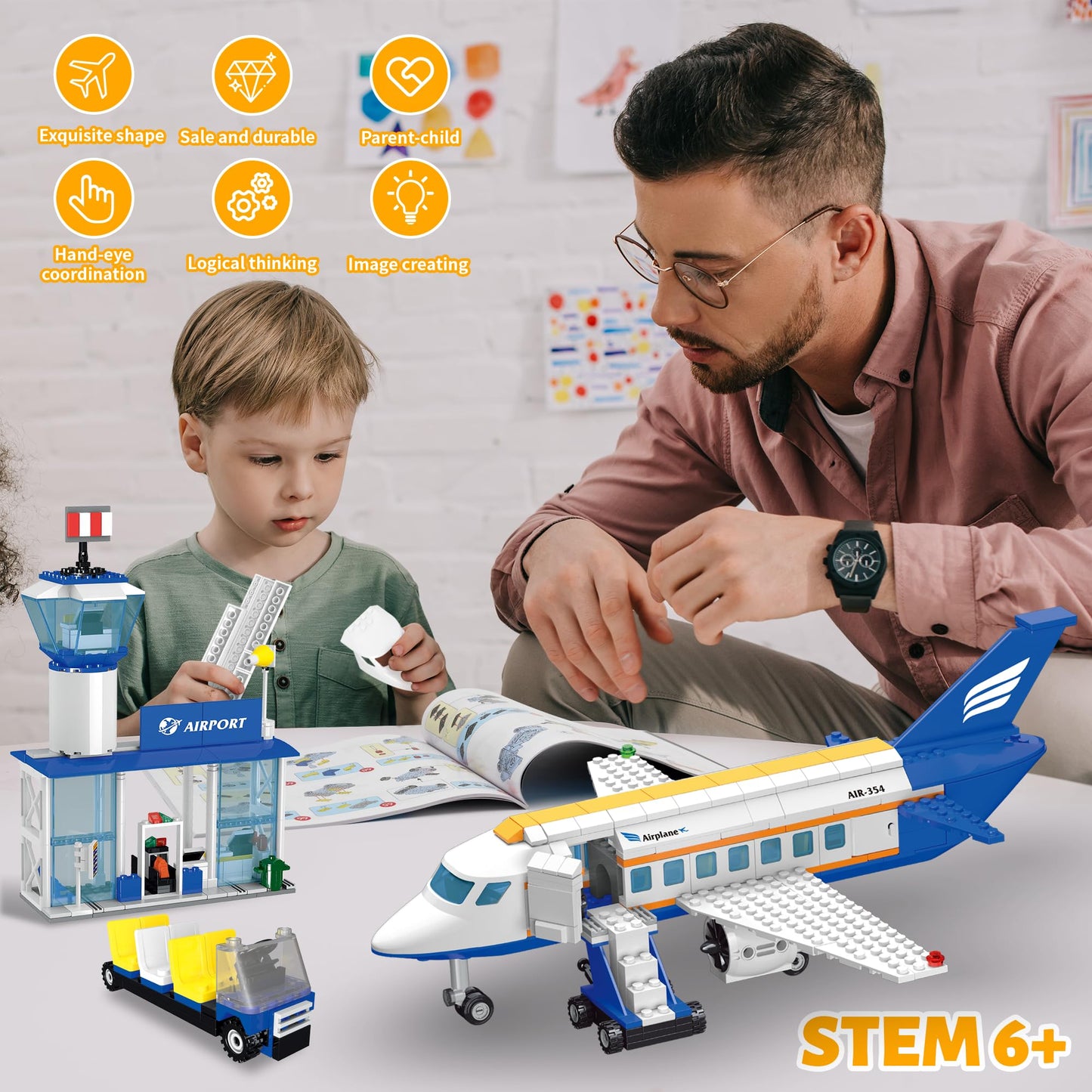 AKWME City Airplane 3-in-1 Building Set with LED Lights | Airport Terminal & Accessories