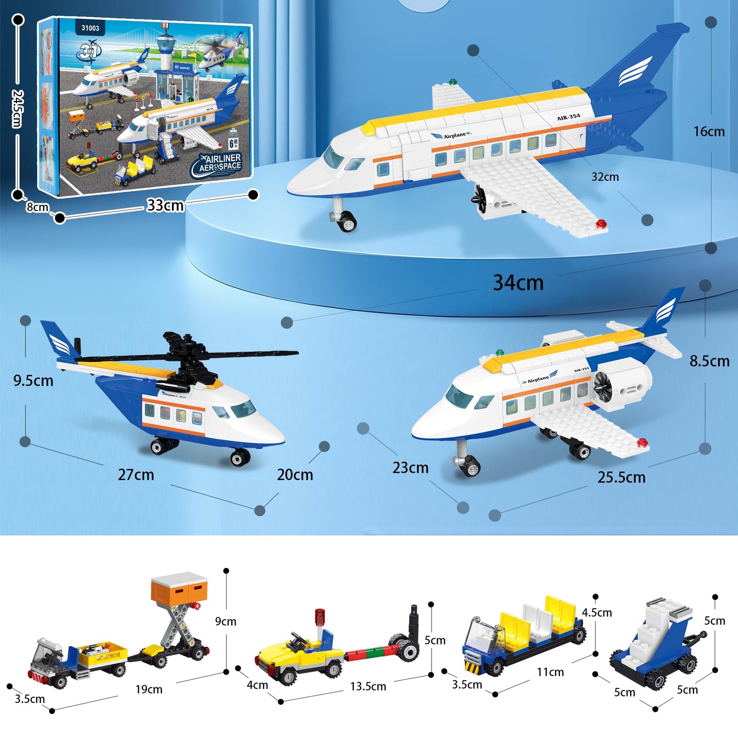 AKWME City Airplane 3-in-1 Building Set with LED Lights | Airport Terminal & Accessories