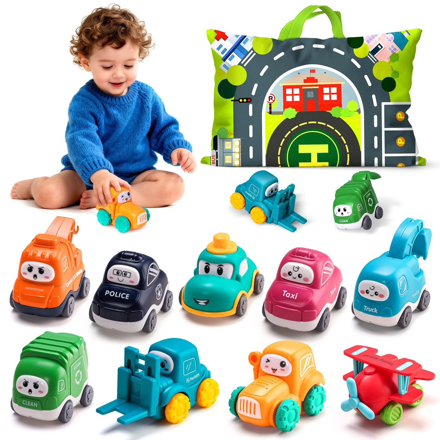 ALASOU 9 Pcs Baby Cranes Car Toys with Playmat & Storage Bag – 1st Birthday Gift for Toddlers 12-18 Months