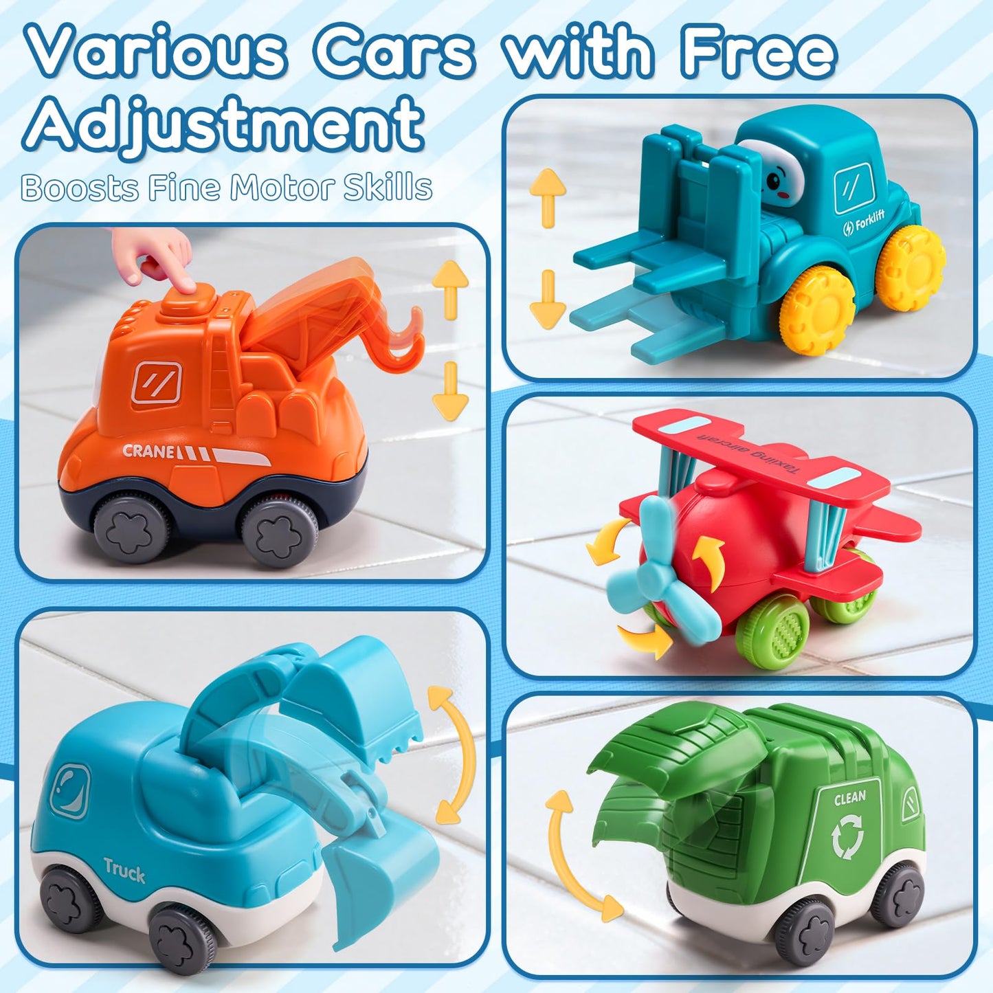 ALASOU 9 Pcs Baby Cranes Car Toys with Playmat & Storage Bag – 1st Birthday Gift for Toddlers 12-18 Months