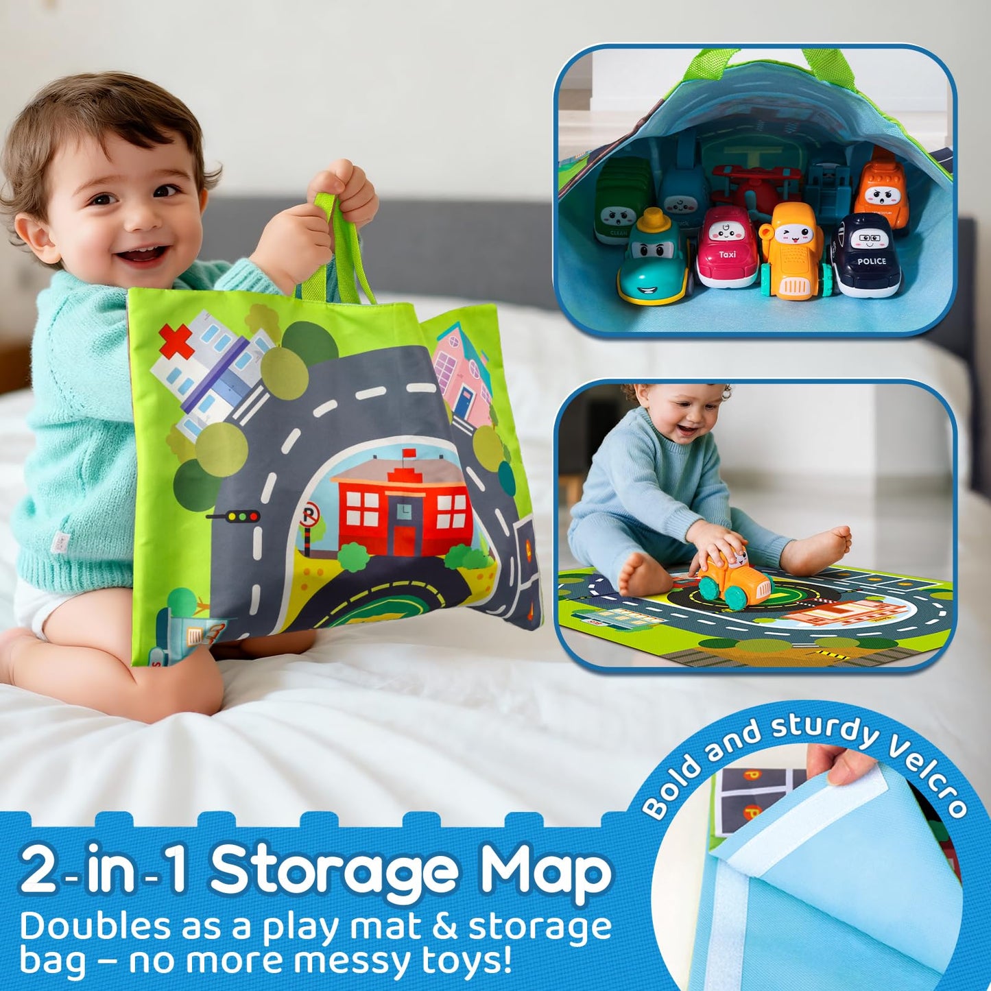 ALASOU 9 Pcs Baby Cranes Car Toys with Playmat & Storage Bag – 1st Birthday Gift for Toddlers 12-18 Months