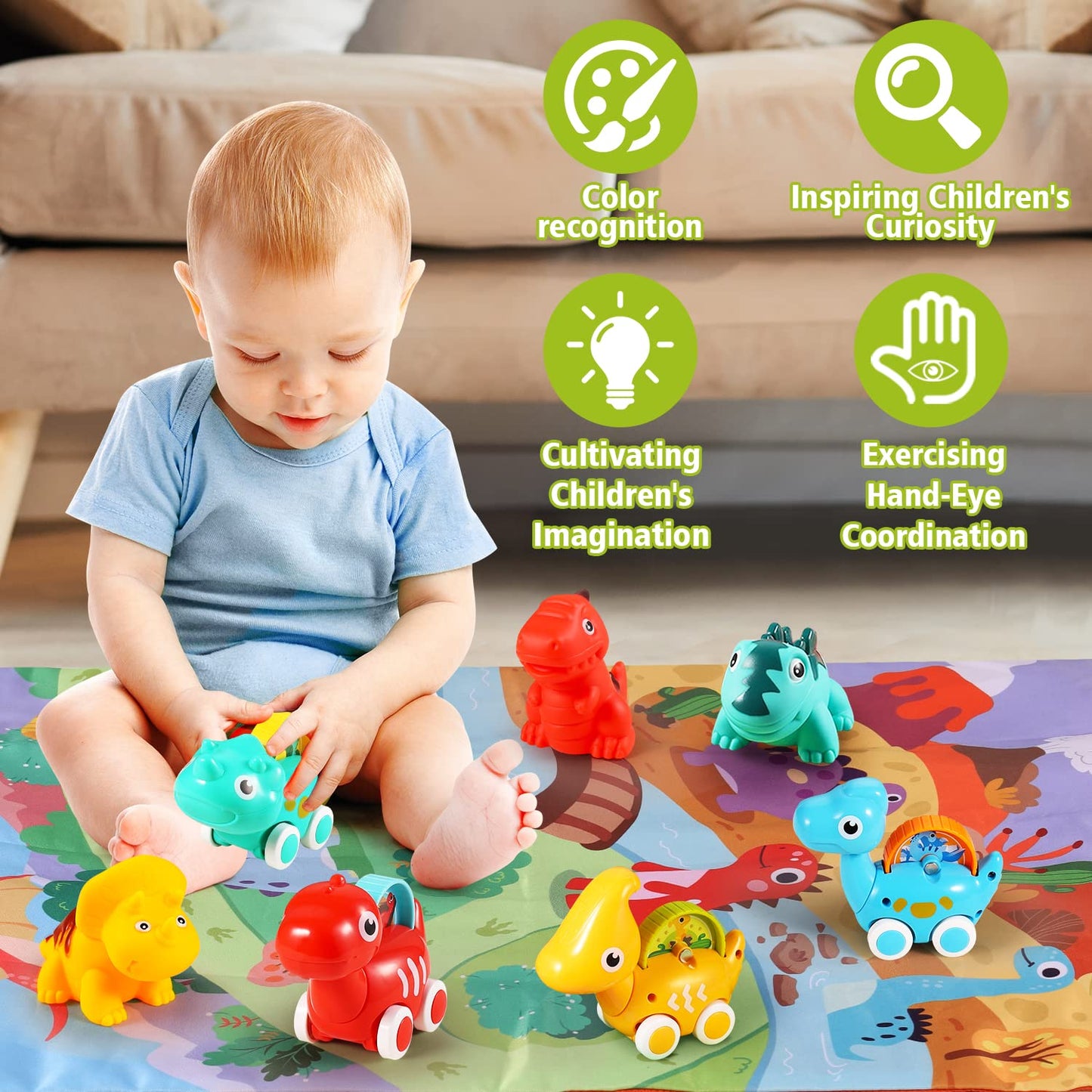 ALASOU 7-Piece Dinosaur Car Toys with Playmat & Storage Bag – Toddler Gift (12–18 Months)