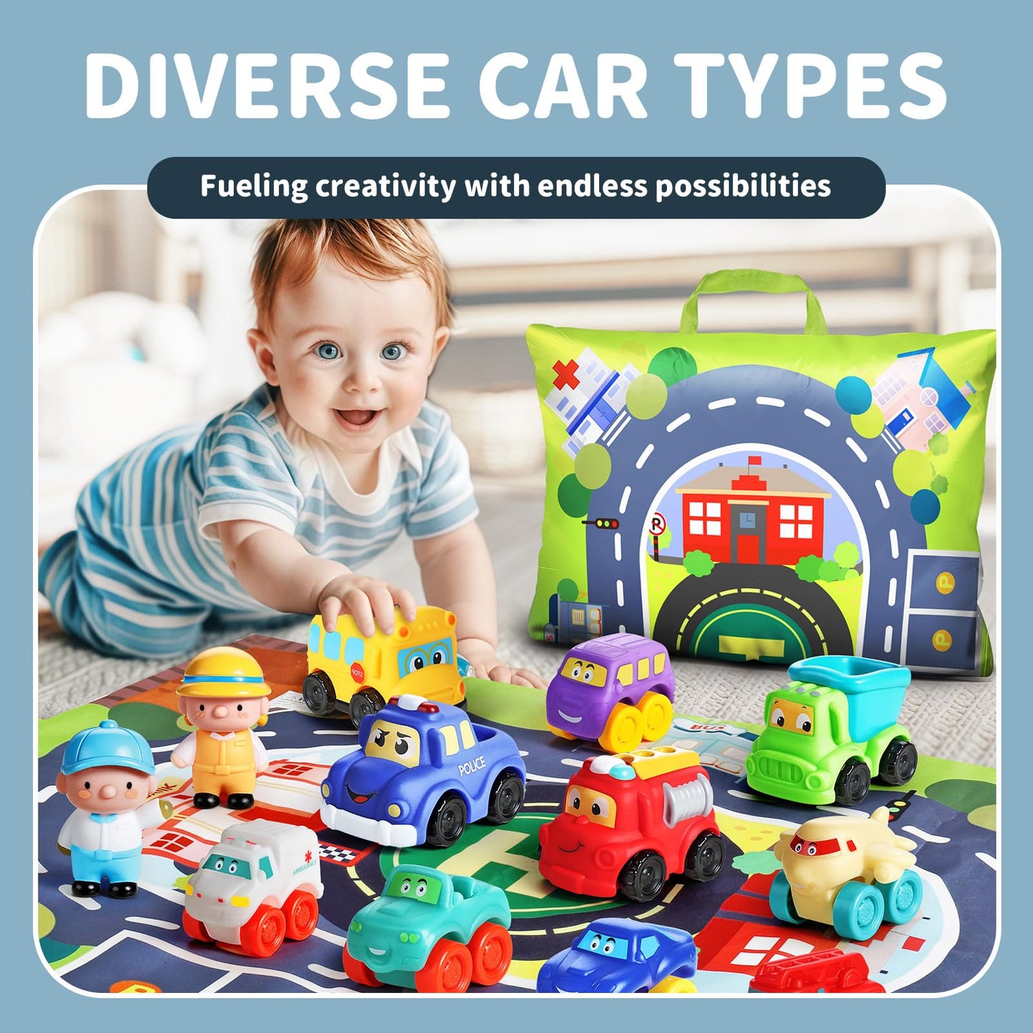 ALASOU 12-Piece Soft Rubber Car Toys with Playmat & Storage Bag — Baby & Toddler Toys for 12–18 Months
