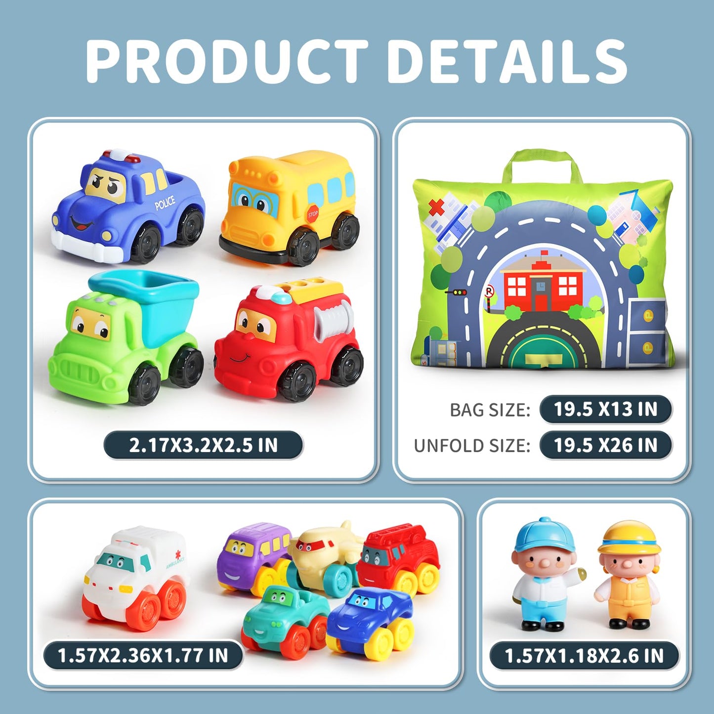 ALASOU 12-Piece Soft Rubber Car Toys with Playmat & Storage Bag — Baby & Toddler Toys for 12–18 Months