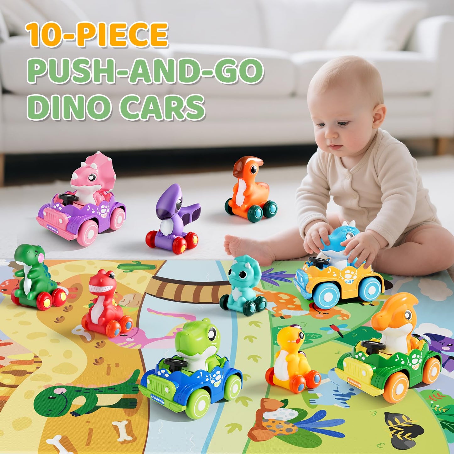 ALASOU 10 Pcs Dinosaur Car Toys with Playmat & Storage Bag – Baby Toys 12-18 Months