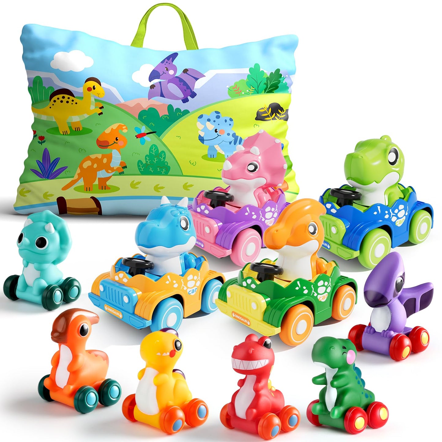 ALASOU 10 Pcs Dinosaur Car Toys with Playmat & Storage Bag – Baby Toys 12-18 Months