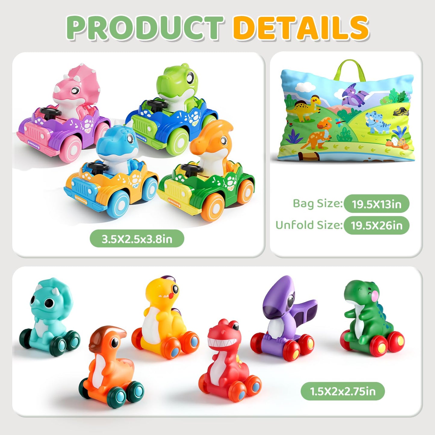 ALASOU 10 Pcs Dinosaur Car Toys with Playmat & Storage Bag – Baby Toys 12-18 Months
