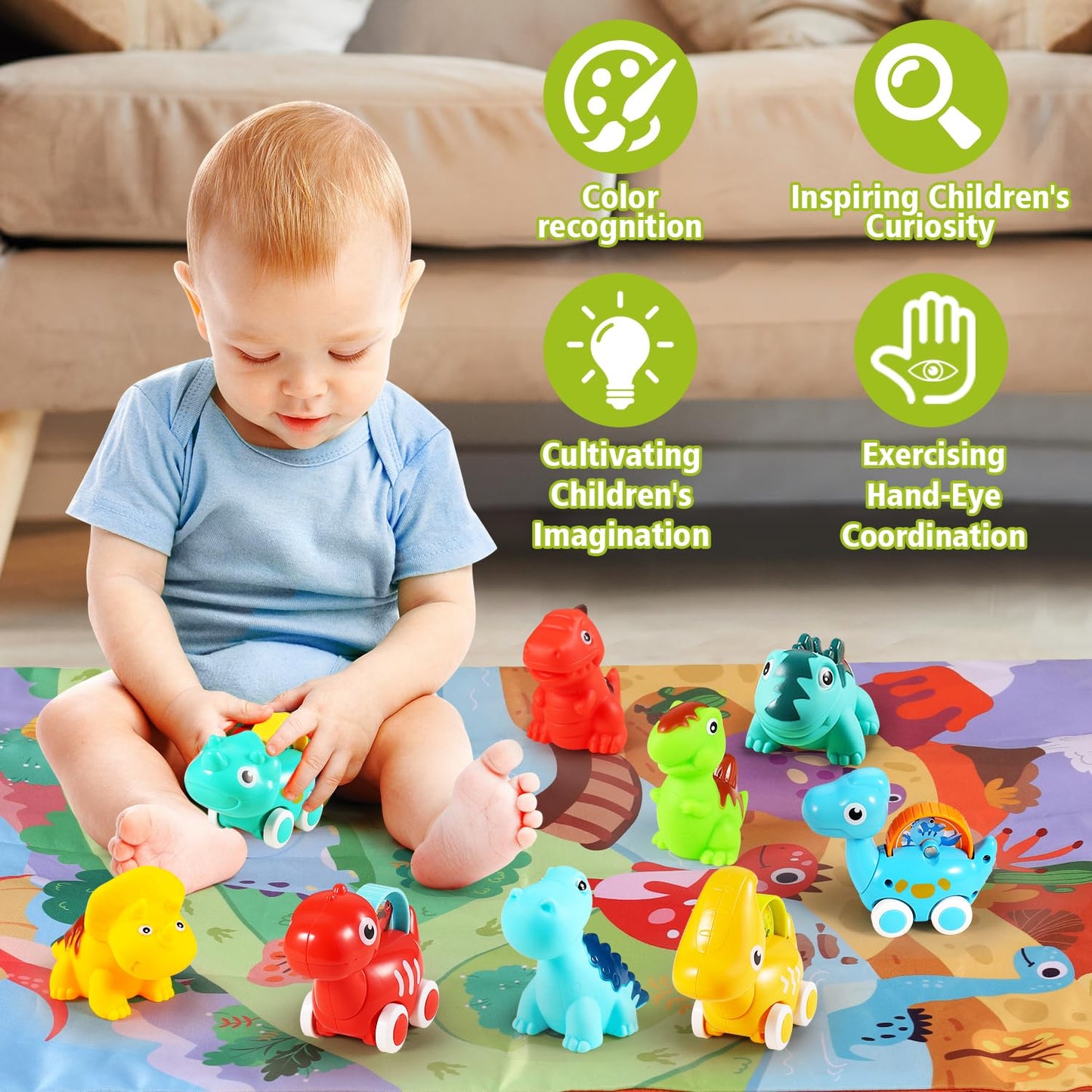 ALASOU 9-Piece Dinosaur Car Toys with Playmat & Storage Bag – 12–18 Months Gift