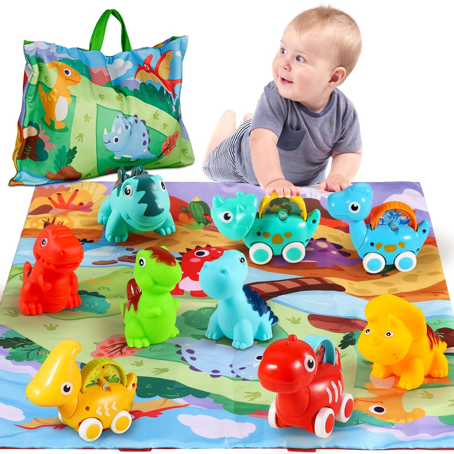 ALASOU 9-Piece Dinosaur Car Toys with Playmat & Storage Bag – 12–18 Months Gift
