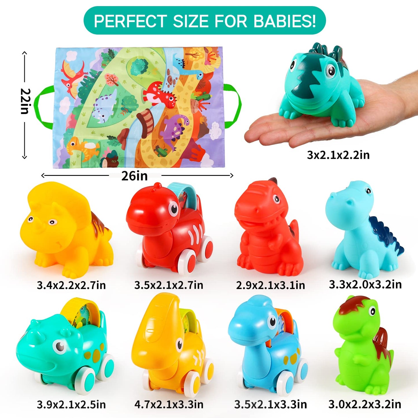 ALASOU 9-Piece Dinosaur Car Toys with Playmat & Storage Bag – 12–18 Months Gift