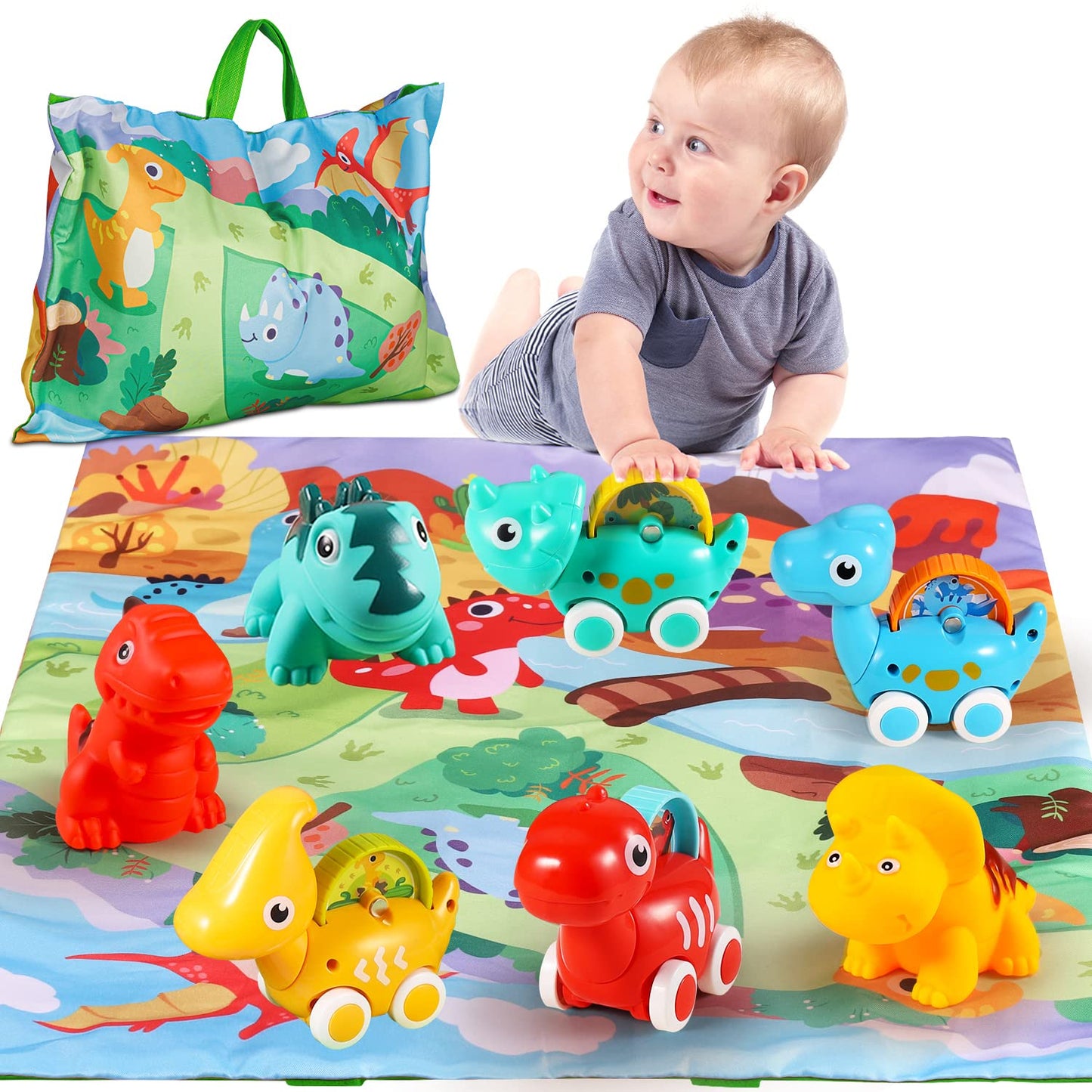 ALASOU 7-Piece Dinosaur Car Toys with Playmat & Storage Bag – Toddler Gift (12–18 Months)