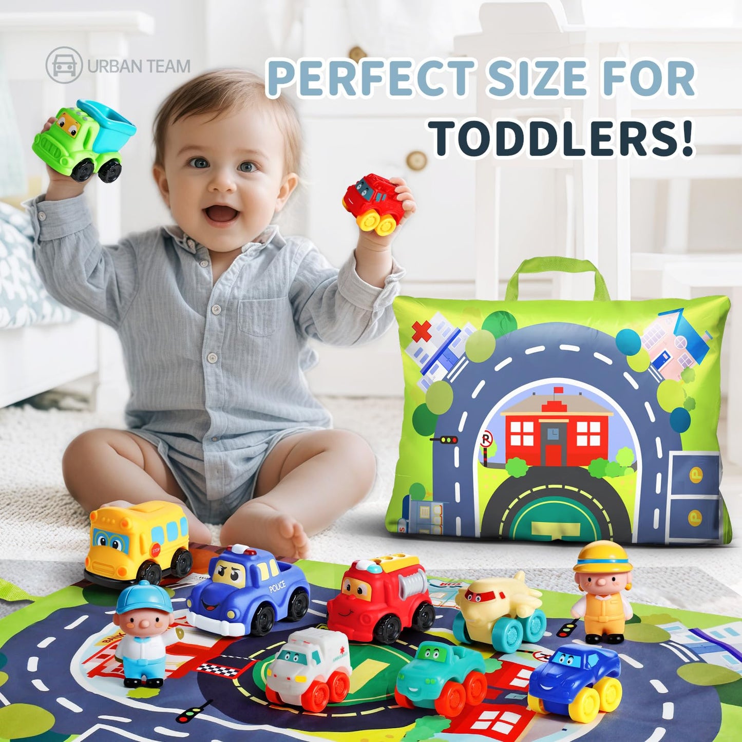 ALASOU 12-Piece Soft Rubber Car Toys with Playmat & Storage Bag — Baby & Toddler Toys for 12–18 Months