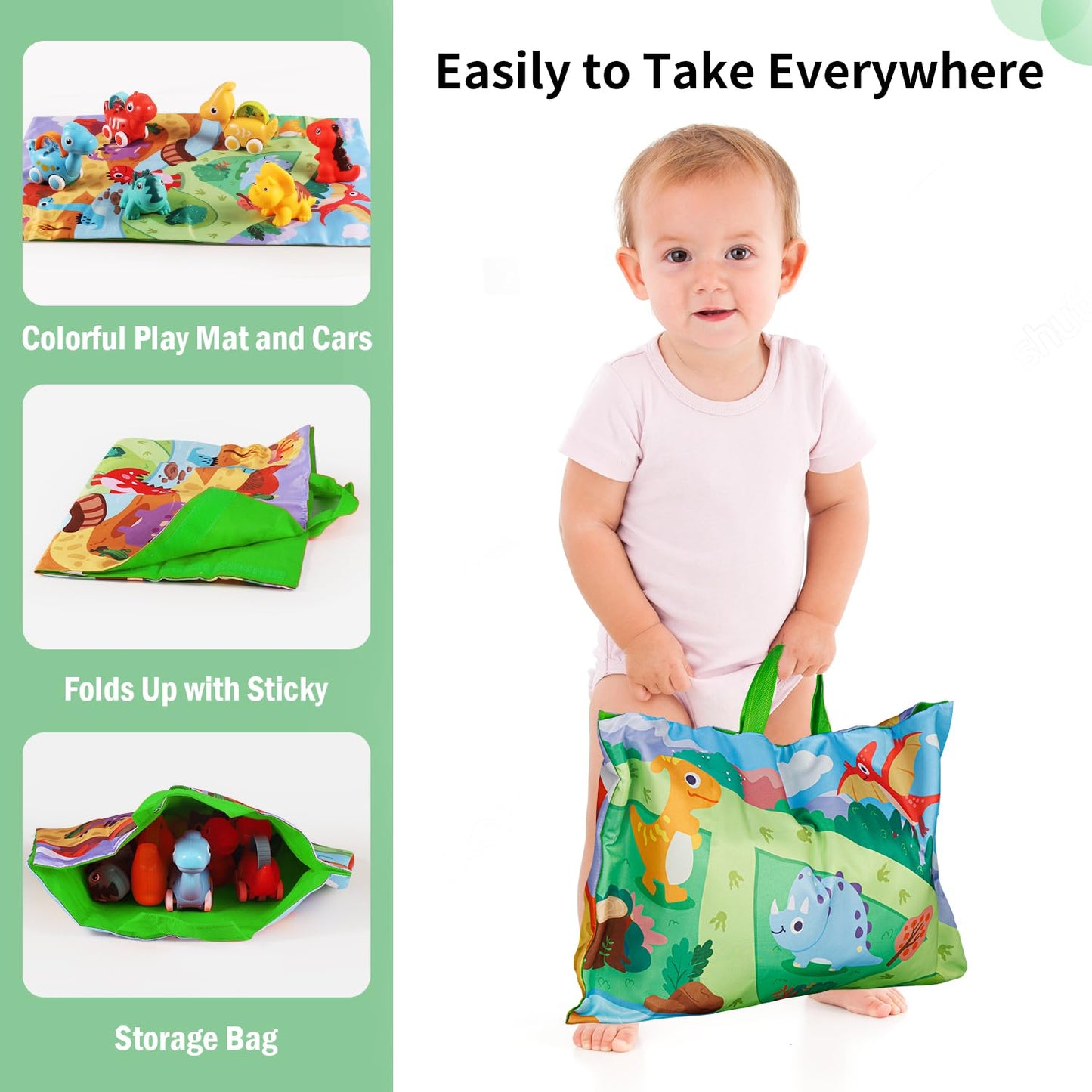 ALASOU 7-Piece Dinosaur Car Toys with Playmat & Storage Bag – Toddler Gift (12–18 Months)